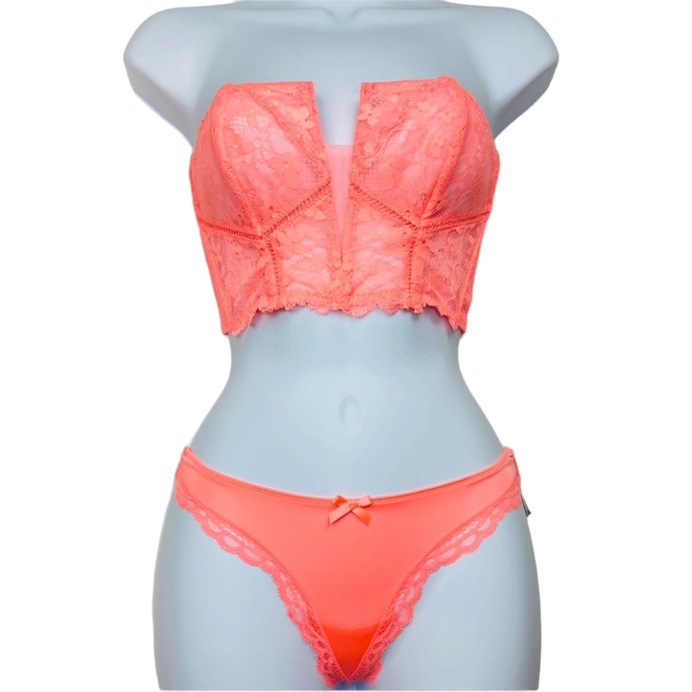 NWT Victoria’s Secret Orange Lace Bustier Longline Bra & Strappy Panties Set